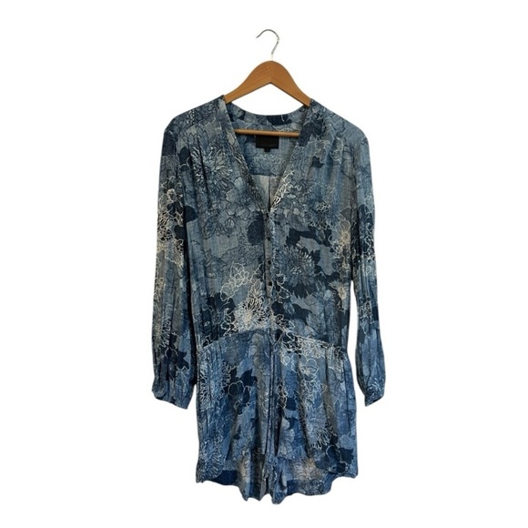 Intermix Romper Women's Size Large Blue Floral Tie Front Long Sleeve - Picture 2 of 6